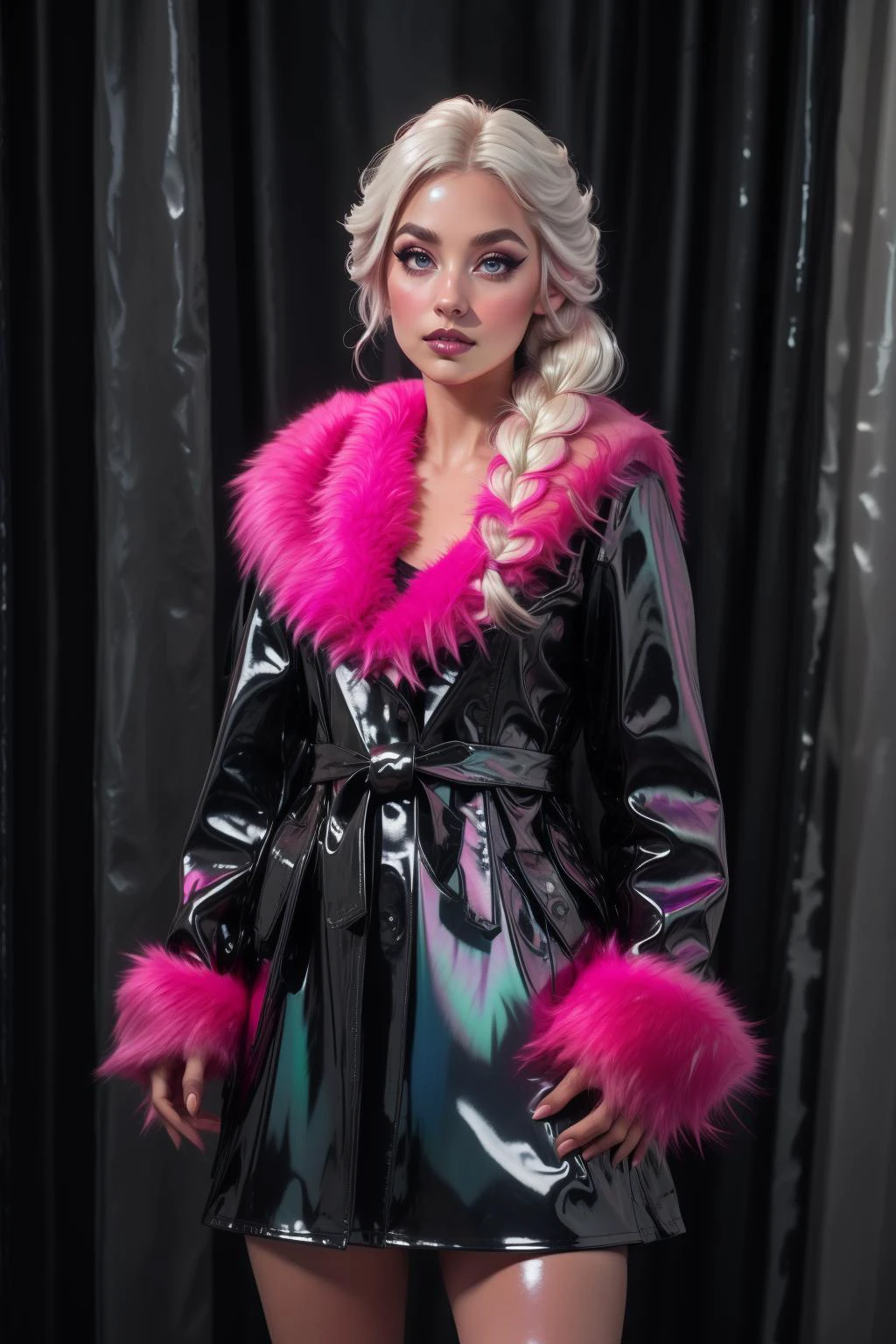 adult mature woman, age 30, high quality, eyeliner, eyeshadow, makeup, iridescent lips elsa \(frozen\), (blue:1.1 cotton dress), gossamer cloak, (frost magic), (snowflakes), platinum blonde braid,, best quality, highres, high detail, god rays,bokeh, rim lighting, shadows, volumetric lighting, textured skin <lora:Outfit_hud-HotPinkFurLatexCoat:0.8> DKCo4t1, (((iridescent latex coat))), pink fur, (indoors, Armory backdrop)