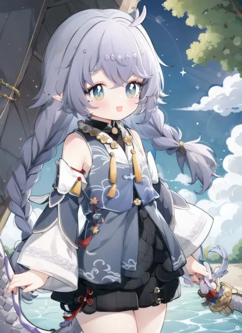 (:1.1), solo, smile, :d, smug,
smile, from side,
bailu,twin braids, (dragon tail:1.0), detached sleeves fur trim chinese clothes yellow tassel, dragon horns,
outdoor, rural style, <lora:bailuHonkaiStarRail0:1>
<lora:mei-000011:1>
