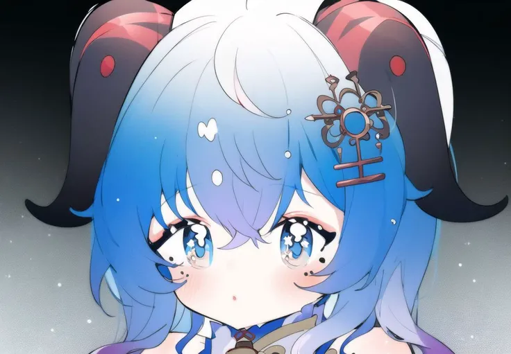 1girl, close up, portrait, long hair, hair ornament, ganyu, twin horn, bare shoulder, ((white hair)), (blue hair), (gradient hair :1.5), looking at viewer,
<lora:ganyuGenshinImpact_offset:1>
<lora:mei-000011:1>
