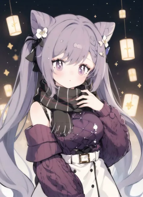 1girl,looking at viewer,
<lora:keqingGenshinImpact3in1_v10:1>keqing (lantern rite) (genshin impact), keqing (genshin impact),
hair bun, skirt, scarf, purple sweater, white skirt, purple hair, sweater, twintails, purple eyes, diamond-shaped pupils, hair ornament, bare shoulders,
breasts, cone hair bun, long hair, belt, double bun, long sleeves, bangs, bow, hair flower, hair bow,ribbon, hair ribbon, braid, plaid scarf, plaid, off shoulder
<lora:mei-000011:1>