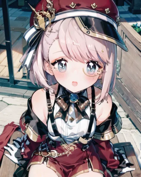 looking at viewer, wariza, sitting,
1girl, bare_shoulders, blush, gloves, hat,looking_at_viewer, medium_hair, monocle, open_mouth, pink_hair, pink_headwear, ribbon, steampunk, white_gloves
school uniform, serafuku,
peace sign,
<lora:mei-000011:1> <lora:charlotte-000013:0.8>
