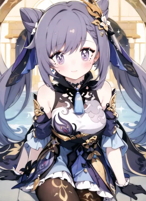 keqing \(genshin impact\),<lora:keqingGenshinImpact3in1_v10:1>
portrait, close up,
pantyhose, hair bun, purple hair, gloves,((twintails)), long hair, purple eyes, diamond-shaped pupils, bare shoulders, hair ornament, black pantyhose, cone hair bun, detached sleeves,dress, jewelry, medium breasts, earrings, bangs, frills, purple dress, black gloves, braid, skirt, smile, blush, hand on own cheek,
<lora:mei-000011:1>