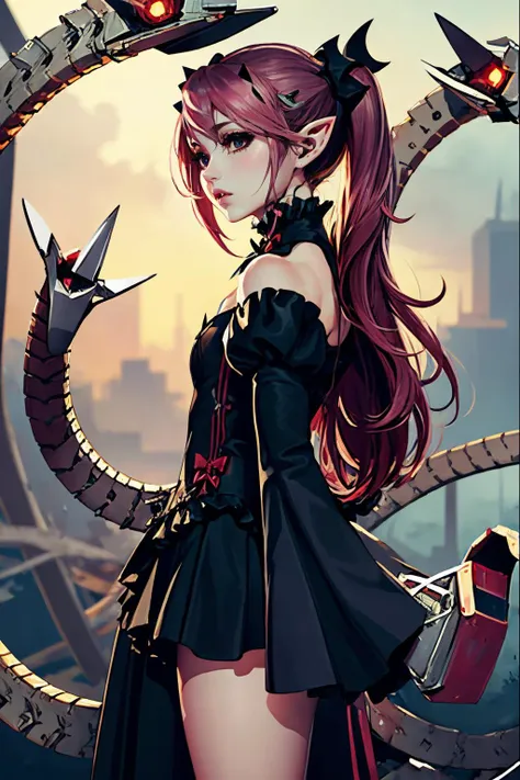 Highly detailed, High Quality, Masterpiece, beautiful, KrulTepes, two side up, hair ornament, pointy ears, black dress, frills, detached sleeves, ribbon, <lora:Char_OwarinoSeraph_KrulTepes:1>, Mechanical_tentacles, <lora:Looks_MechanicalTentacles:1>