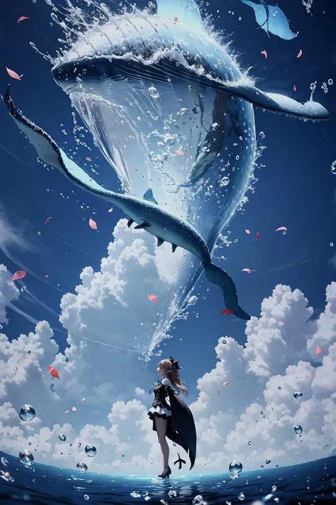 Highly detailed, High Quality, Masterpiece, beautiful, KrulTepes, two side up, hair ornament, pointy ears, black dress, frills, detached sleeves, ribbon, <lora:Char_OwarinoSeraph_KrulTepes:1>, blue dream, scenery, sky, cloud, out doors, whale, fish, bubble, water, petals, fantasy, ocean, surreal, <lora:Pos_BlueDream:0.65>, full body, wide shot, 1girl,