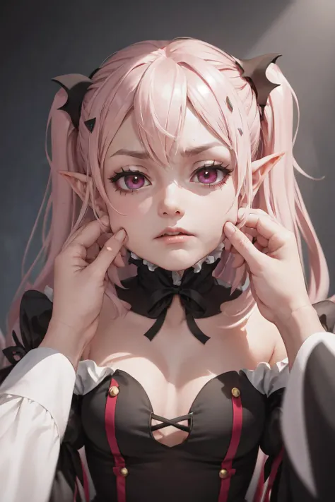 Highly detailed, High Quality, Masterpiece, beautiful, KrulTepes, two side up, hair ornament, pointy ears, black dress, frills, ribbon, <lora:Char_OwarinoSeraph_KrulTepes:1>, PinchingPOV, pov, cheek pull, <lora:Pos_PinchingPOV:1>