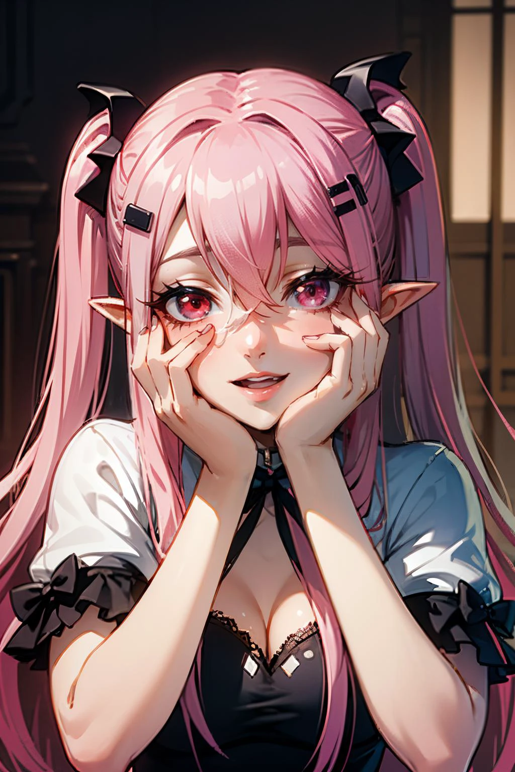 masterpiece:1.3, detailed, realistic, 1girl, <lora:yandere_trance:0.8> yandere trance, yandere, hands on own face,hands on own cheeks, <lora:CHAR-KrulTepes:0.8>, (KrulTepes, two side up, pink hair, hair ornament, pointy ears:1.2), :D:1.2, red eyes, lipstick:1.2, (cum)