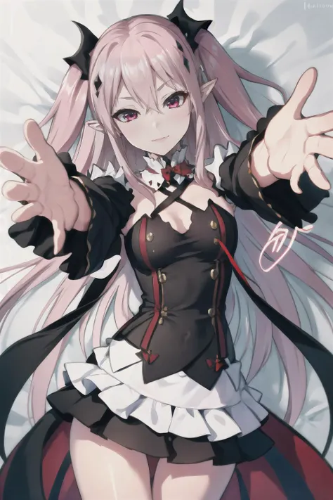 Highly detailed, High Quality, Masterpiece, beautiful, reaching towards viewer, arms out, lying, (5 finger each hand) <lora:Pos_ReachingOUTConcept:0.9>, KrulTepes, two side up, hair ornament, pointy ears, black dress, frills, detached sleeves, ribbon, <lora:Char_OwarinoSeraph_KrulTepes:1>