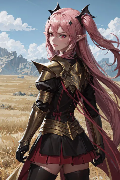 edgGolden, <lora:edgNadiaGolden:0.75>, dressed in golden armor, wearing edgGolden, cowboy shot, smirk, KrulTepes, two side up, hair ornament, pointy ears, ribbon, <lora:Char_OwarinoSeraph_KrulTepes:1>, 1girl, outdoors, fighting stance, stance, fighting,