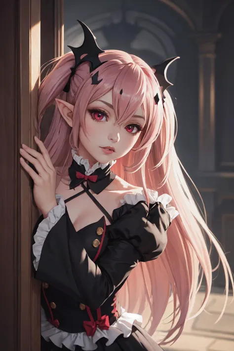 Highly detailed, High Quality, Masterpiece, beautiful, KrulTepes, two side up, hair ornament, pointy ears, black dress, frills, detached sleeves, ribbon, <lora:Char_OwarinoSeraph_KrulTepes:1>, peeking out upper body, <lora:Pos_PeekingOut:1.3>