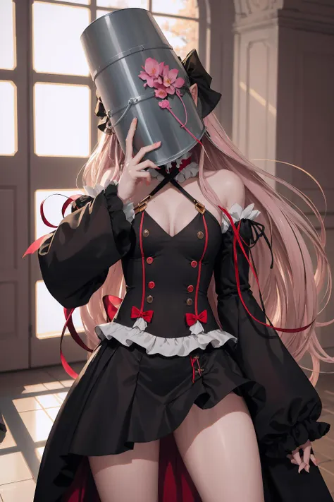 Highly detailed, High Quality, Masterpiece, beautiful, KrulTepes, black dress, frills, detached sleeves, ribbon, <lora:Char_OwarinoSeraph_KrulTepes:1>, bucket on head, covered face, <lora:Looks_BucketOnHead:1>