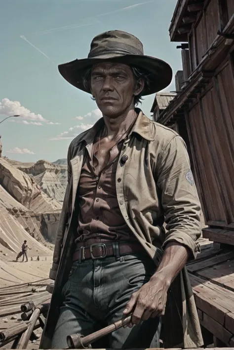 ouatiwstyle, 1man, white_hat, brown_eyes, tanned, Charles_Bronson, full_body, canyon, blue_sky,