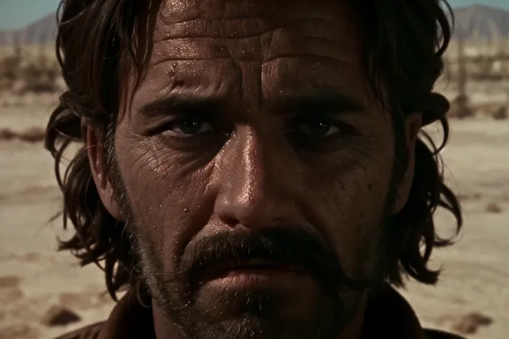 <lora:Western_v1:0.8> ouatiwstyle, man, grim expression, close-up on the eyes in focus, sand, dirty, hard light, hard eyes, dangerous,