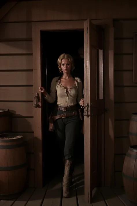 <lora:Western_v1:0.8> ouatiwstyle, blonde woman standing in a saloon door,