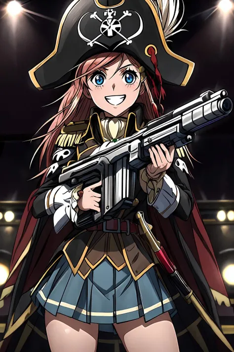 masterpiece, best quality, 1girl, cowboy shot, grin, on stage, spotlight,<lora:marika_spacepirate:0.9>, katou marika, pirate costume, pirate hat, skirt, gun, holding gun, <lora:flat2:-1>