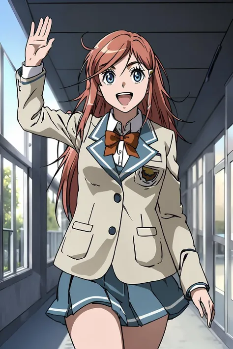 masterpiece, best quality, 1girl, cowboy shot, smile, walking, waving, open mouth, <lora:marika_spacepirate:1.0>, katou marika, school uniform