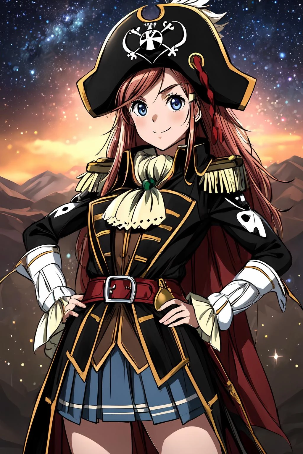 masterpiece, best quality, 1girl, detailed face and eyes, upper body, smile, hand on hips, <lora:marika_spacepirate:0.9>,katou marika, pirate costume, pirate hat, skirt,
space, starry sky, <lora:flat2:-1>