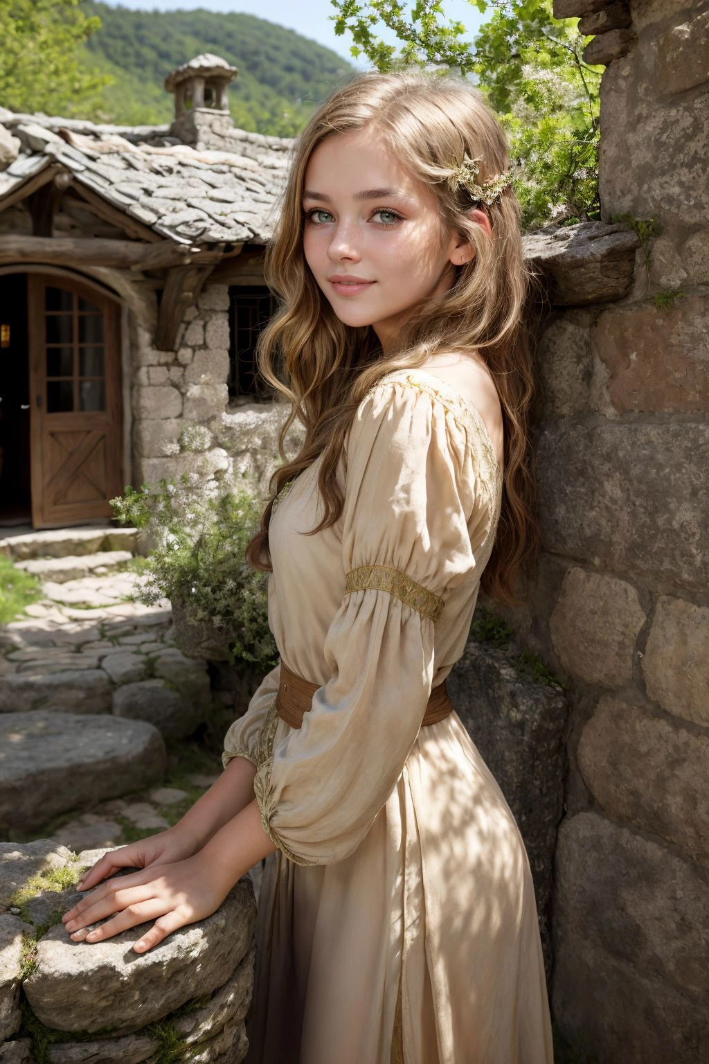 A Photograph of a peasant girl, s1enna with brunette hair, set in a lush medieval village. She stands by an old stone well, her rustic clothing brilliantly hued in earthy tones. Golden sunlight filters through the vibrant green foliage, casting a warm glow on her face. Her gentle smile mirrors the idyllic charm of the setting, capturing the essence of simplicity and natural beauty.
photorealism, photorealistic, (masterpiece, high quality), highly detailed, high resolution, high detail, intricate, HDR, UHD, 8k, sharp focus, detailed background, perfect hands, realistic eyes, natural skin texture, (blush:0.5), (goosebumps:0.5), subsurface
<lora:sd15_s1enna_v1:0.7>
<lora:add_detail:0.6>