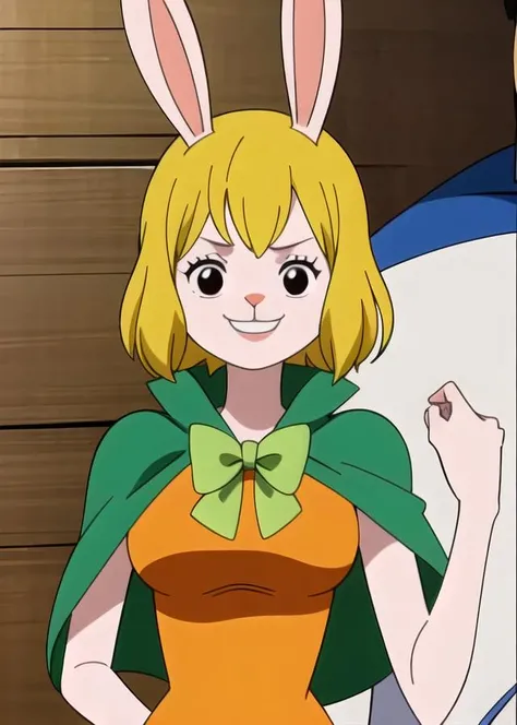 <lora:Carrot_Minx:.8>Carrot_Minx, 1girl, smile, short hair, blonde hair, orange dress, bow, capelet, green bow, animal ears,  rabbit girl, buck teeth, (clothing cutout),