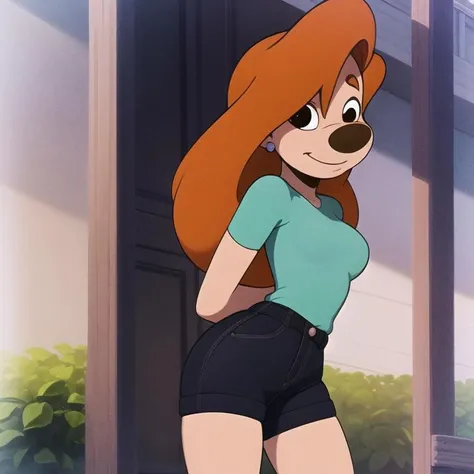 masterpiece, best quality, high resolution, (roxanne goofy:1.1), from the side, 1girl, solo, smile, standing in a forest, arms behind back, crossed legs, looking at viewer, cowboy shot, day