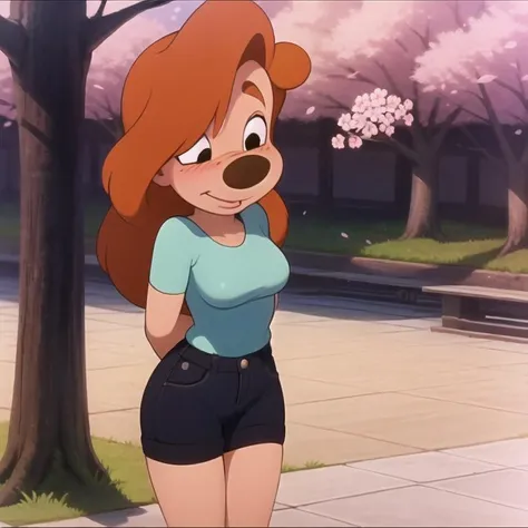 masterpiece, best quality, high resolution, (roxanne goofy:1.1), 1girl, solo, smile, blushing, embarrassed, looking away, in a park, cherry blossoms, day, dappled sunlight, shade, sky, cowboy shot, arms behind back, crossed legs, standing