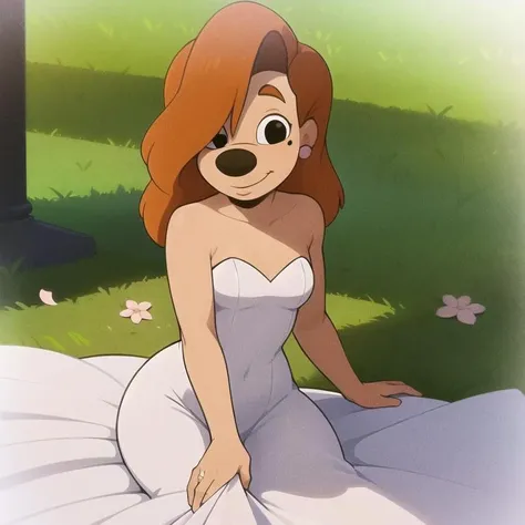 masterpiece, best quality, high resolution, (roxanne goofy:1.1), 1girl, solo, smile, laying in the grass, looking at viewer, wearing a (white wedding dress:1.3), cherry blossoms, day, dappled sunlight, shade
