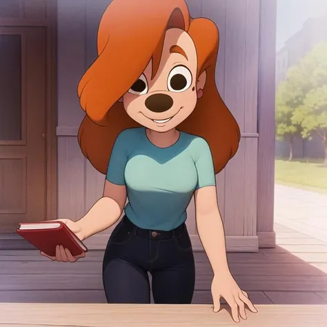 masterpiece, best quality, high resolution, (roxanne goofy:1.1), 1girl, solo, smile, holding books, looking at viewer, day, dappled sunlight, shade