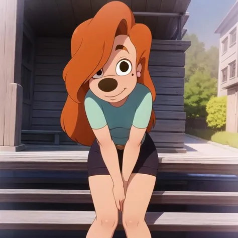masterpiece, best quality, high resolution, (roxanne goofy:1.1), 1girl, solo, smile, leaning over a guard rail, looking at viewer, day, dappled sunlight, shade