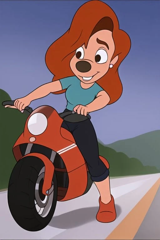 roxanne goofy, road, motorbike, <lora:roxanneGoofy_v1:0.7>