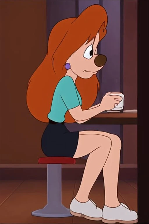 roxanne goofy, solo, sitting, from side, coffee, mug, <lora:roxanneGoofy_v1:0.75>