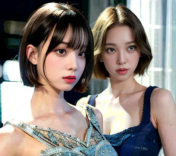 two girl, (8k, best quality, masterpiece:1.2), (realistic, photo-realistic:1.37),ultra-detailed
AND aespawinter, perfect eyes, (ultra realistic:1.2), (elegant royal dress:1.2), (intricate:1.2), (looking at camera), silver hair, (short hair:1.2)<lora:aespaWinter_aespaWinterV1:1>
AND aespakarina, smiling, perfect eyes, (ultra realistic:1.8), (elegant royal dress:1.2), (intricate:1.2), (looking at camera), best quality, masterpiece, natural,blonde hair, (short hair) <lora:aespaKarina_aespaKarinaV2:1>