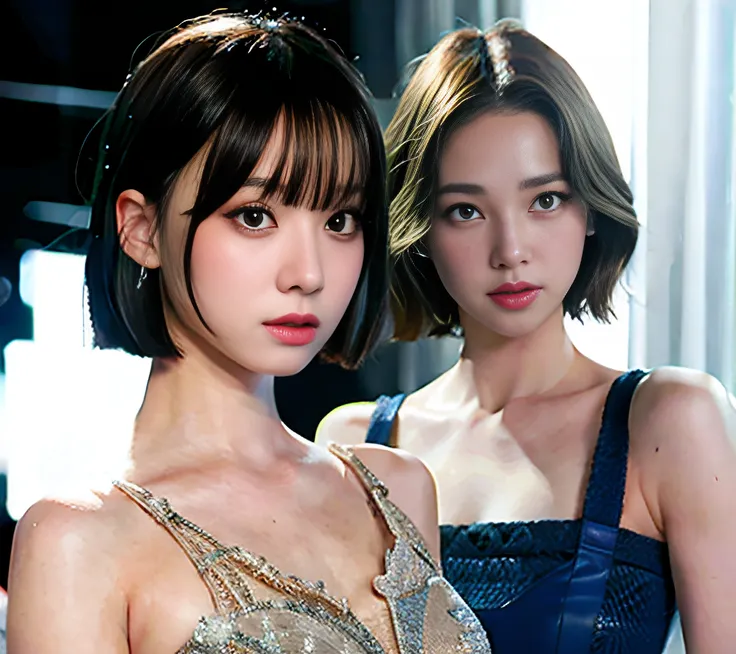 two girl, (8k, best quality, masterpiece:1.2), (realistic, photo-realistic:1.37),ultra-detailed
AND aespawinter, perfect eyes, (ultra realistic:1.2), (elegant royal dress:1.2), (intricate:1.2), (looking at camera), silver hair, (short hair:1.2)<lora:aespaWinter_aespaWinterV1:1>
AND aespakarina, smiling, perfect eyes, (ultra realistic:1.8), (elegant royal dress:1.2), (intricate:1.2), (looking at camera), best quality, masterpiece, natural,blonde hair, (short hair) <lora:aespaKarina_aespaKarinaV2:1>