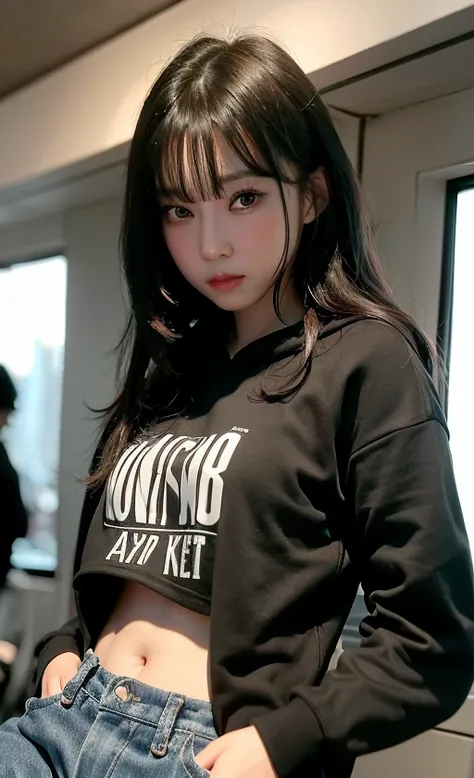 (8k, best quality, masterpiece:1.2), (realistic, photo-realistic:1.4), (RAW photo), studio soft light, rim light, vibrant details, ultra-detailed, realistic skin texture, detail face, Fujifilm, Depth of Field, absurdres, extremely detailed CG unity 8k wallpaper, makeup,
1girl, solo, <lora:aespaWinter_aespaWinterV1:1>, small, petite, small breasts, white bikini, head to toes, slender body, black hoodie, (cropped hoodie), oversized baggy jeans, exposed breasts, shirt lift, nsfw, sweaty, kpop, winter1, dynamic expression