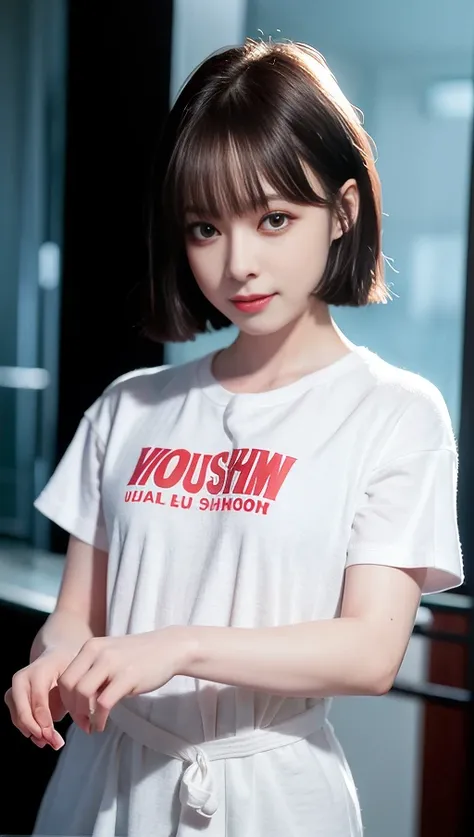 (8k, best quality, masterpiece:1.2), (realistic, photo-realistic:1.4), (RAW photo), octane render, complex 3d render ultra detailed of a beautiful porcelain profile woman,(smile), studio soft light, rim light, vibrant details, ultra-detailed, realistic skin texture, detail face, short hair,bangs, beautiful detailed eyes, close up photography, Fujifilm, Depth of Field, absurdres, extremely detailed CG unity 8k wallpaper, black lightning, <lora:aespaWinter_aespaWinterV1:1> ,Thin lips,red thick eye shadow, blush,giving an innocent look,small head,((above the waist,upper body)),shirt, white shirt, short sleeve shirt
