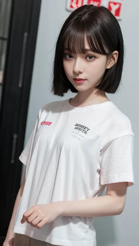 (8k, best quality, masterpiece:1.2), (realistic, photo-realistic:1.4), (RAW photo), octane render, complex 3d render ultra detailed of a beautiful porcelain profile woman,(smile), studio soft light, rim light, vibrant details, ultra-detailed, realistic skin texture, detail face, short hair,bangs, beautiful detailed eyes, close up photography, Fujifilm, Depth of Field, absurdres, extremely detailed CG unity 8k wallpaper, black lightning, <lora:aespaWinter_aespaWinterV1:1> ,Thin lips,red thick eye shadow, blush,giving an innocent look,small head,((above the waist,upper body)),shirt, white shirt, short sleeve shirt