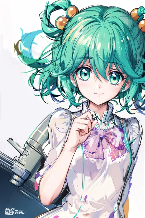 1girl,  tatebayashi miharu,  solo, aqua hair, aurora, blurry, blurry foreground, bokeh, bow, branch, cafe, diffraction spikes, double bun, explosion, face, green background, green eyes, green hair, hair bobbles, hair ornament, halterneck, horizon, indoors, long sleeves,pixel art, plaid bikini, plaid dress, poster \(object\), retro artstyle, short hair, shouji, simple background, smile,the pose, twin braids, twintails, water,<lora:Tatebayashi Miharu-0018:0.8>