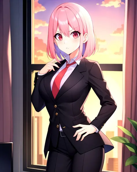 cowboy shot, pink hair, medium hair, red eyes, serious, breasts, black suit, formal suit, red necktie, office, window, sunset, <lora:Pynkblud:0.6>