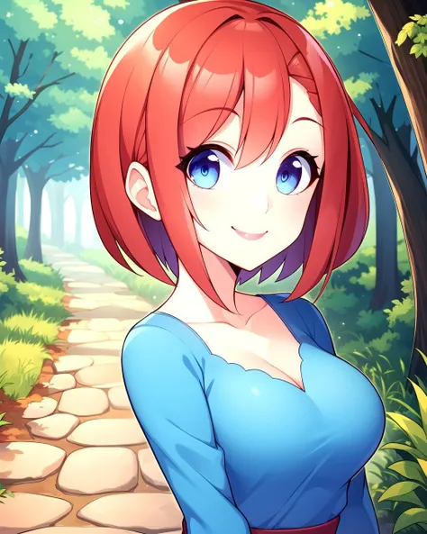 upper body, short hair, red hair, blue eyes, blue dress, breasts, smile, forest, path, cobblestone path, <lora:Klimspree-10:0.5>