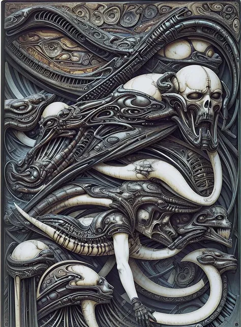 a masterpiece, <lora:Biomechanicals_v2_lora1500:2>, hnsrdlf style, HR Giger sexy necrotic burlesque woman with intricate biomechanical detail, bat wings eyes, cherub bullets, Hans Ruedi Giger's face, Friedrich Khn's face, gargoyles, snakes, mechanical earwigs, sperm, necrotic pale skin, skulls, monsters, inner jaw, xenomorph transparent head, facehugger, chestburster, ovomorph, space jockey, fleshy landscapes, phallic symbolism, penis monsters, coin slot, opening, bird skulls, color, highly detailed, black and white, (hrgiger-drmacabre:0.8), disgusting, dark, lilith, crown, cute cat, art nouveau style, amarna style, <lora:mucha:0.5>
