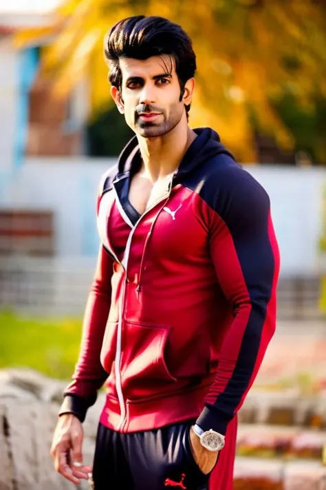 Jacob Vargas a man <lora:ishaan-khatter_Jacob-Vargas:1>, realistic photo in a worn ((red tracksuit)), ((light bokeh)), intricate, (steel metal [rust]), elegant, sharp focus, photo by greg rutkowski, soft lighting, vibrant colors, (masterpiece), ((streets)), (detailed face), looking at viewer, light smile, night, walking towards viewer, cinematic lighting, beautiful lighting, cinematic lighting, (hazy filter, film grain:1.2)