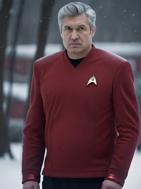 fat grey haired russian,in red stsnwunf uniform,lost in a snowstorm<lora:DSSNWXL:0.8>