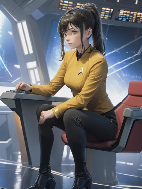 anime,woman in yellow stsnwunf uniform,sitting on a chair,starship bridge,black pants<lora:DSSNWXL:0.8>