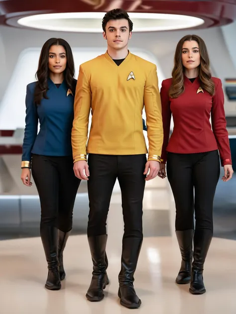 man and two women, first woman in blue stsnwunf uniform with (black pants:1.8), second woman in yellow stsnwunf uniform,young (young african:1.3) man in (red:1.01) stsnwunf uniform ,(black pants:2.8),starship<lora:DSSNWXL:0.8>