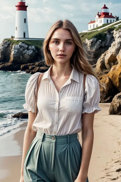 European woman, closeup, (shirt), pants, (beach lighthouse), (), ZM_isla, wide shoulders, perfect face, (contact iris: 1.1), pale skin, skin pores , depth of field