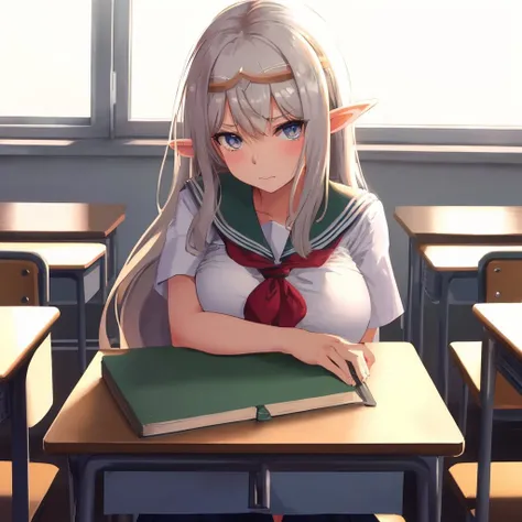 SukebeElf2, large_breasts, long hair, school uniform, classroom, masterpiece, best quality <lora:SukebeElf2_v1-000030:0.8> circlet
