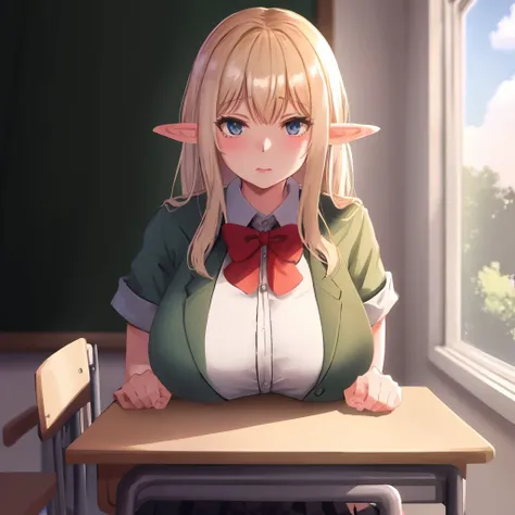 SukebeElf2, <lora:SukebeElf2_v1:0.8>  large_breasts, long hair, school uniform, classroom,, masterpiece, best quality