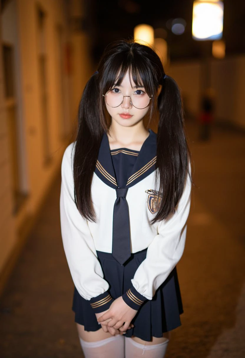 full body shot of cute chinese girl, twintails, long dark hair, wearing round thin-rimmed eyeglasses, delicate features, pretty young asian girl with detailed skin and eyes, soft pale skin, small thin heart-shaped lips, wearing a school uniform white shirt and tie with a short skirt and thigh-high sheer white stockings, cute pose, posing with her arms straight down and her hands are clasped together, cinematic lighting, backlit, detailed reflection in glasses, warm backlighting, bokeh warm lighting in background, early evening streets in the city, twillight