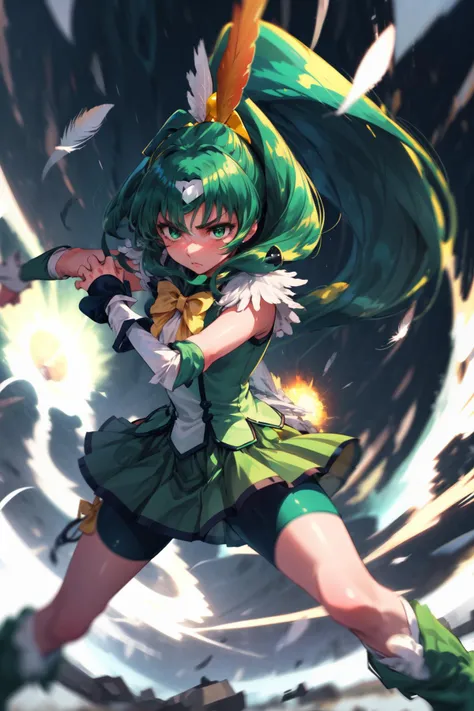 masterpiece,best quality,1girl,cure march,bowtie,green hair,high ponytail,arm warmers,green boots,feather hair ornament,shorts under skirt,green shorts,(serious),fighting stance,action pose,attack,motion lines,motion blur,blast wave,cowboy shot,<lora:locon_cure_march_1:0.9>,