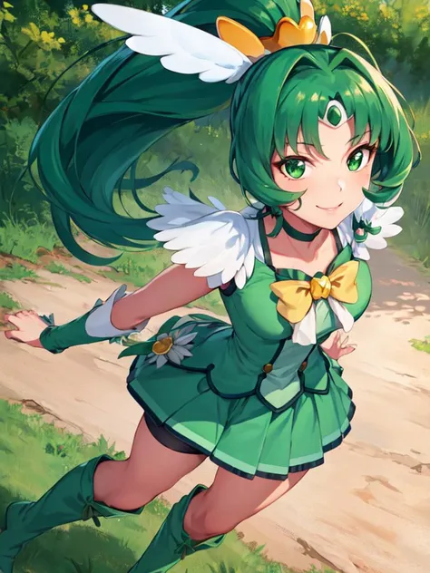 masterpiece, best quality, looking_at_viewer, depth_of_field, smile, from above, full body,
1girl, <lora:locon_cure_march_1:0.9>, cure march, bowtie, high ponytail, arm warmers, feather hair ornament, green boots, shorts under skirt, green shorts