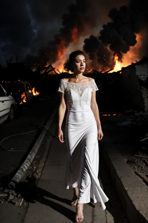 (front view:1.2) of a graceful female angel, large white wings folded down, sad, intricate white dress, walk on decrepit street, destroyed buildings, dark sky, active fires in background, volumetric fog, subsurface scattering, ambient occlusion, post apocalyptic, ruins of war, fire, smoke, (bokeh:1.4)