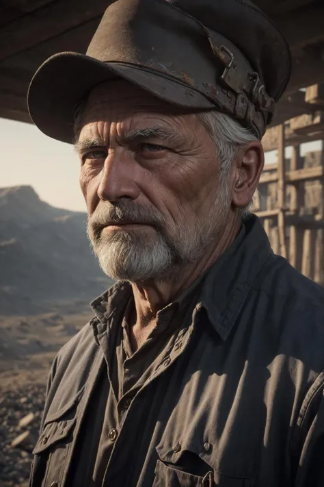 a portrait of an old coal miner in 19th century, beautiful painting with highly detailed face by greg rutkowski and magali villanueve, in the wild west, outside photography, 8k